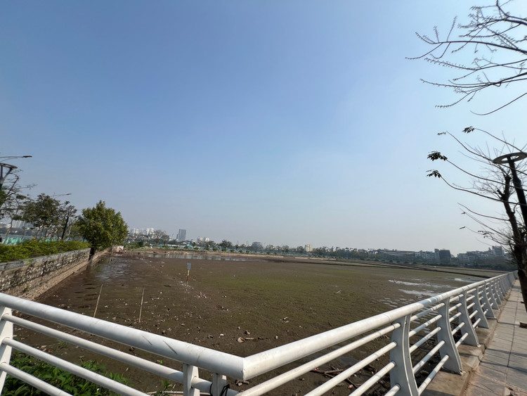 Đầm Đông trước đây đã từng là một hồ sen xanh mướt, hiện đang cạn nước trơ đáy cạn khô.