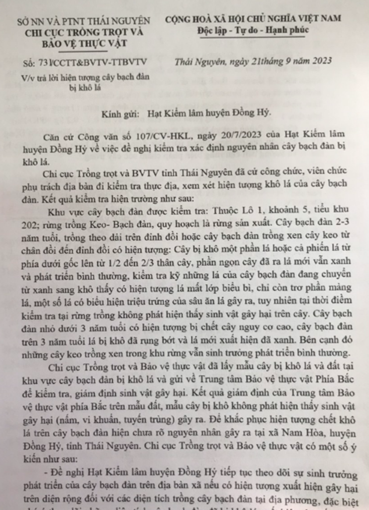 Văn bản của Chi cục trồng trọt và bảo vệ thực vật tỉnh Thái Nguyên.