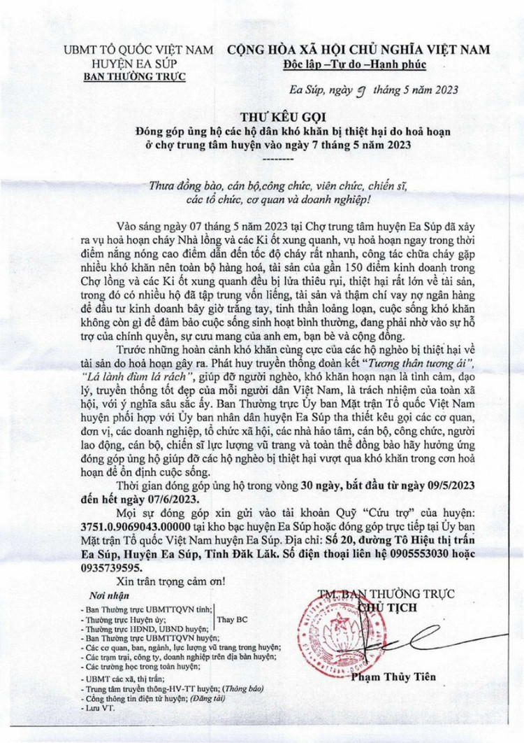 Thư kêu gọi ủng hộ, giúp đỡ các hộ dân khó khăn bị thiệt hại do hoả hoạn tại chợ Huyện Ea Súp.