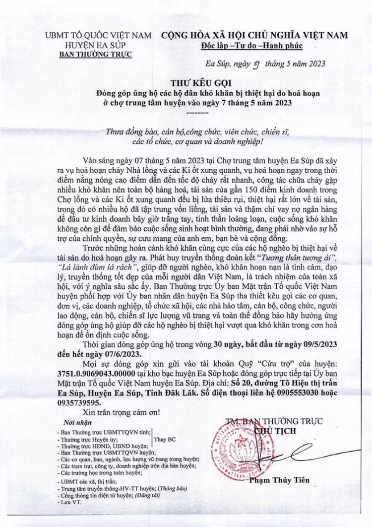 Thư kêu gọi ủng hộ, giúp đỡ các hộ dân khó khăn bị thiệt hại do hoả hoạn tại chợ Huyện Ea Súp.