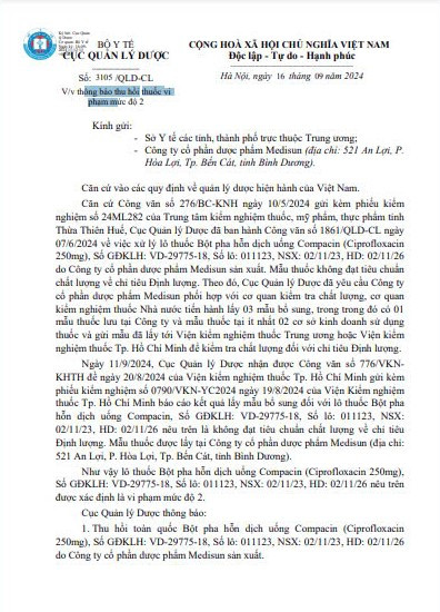 Công văn 3105/QLD-CL thông báo về việc thu hồi thuốc vi phạm mức độ 2. Ảnh chụp màn hình
