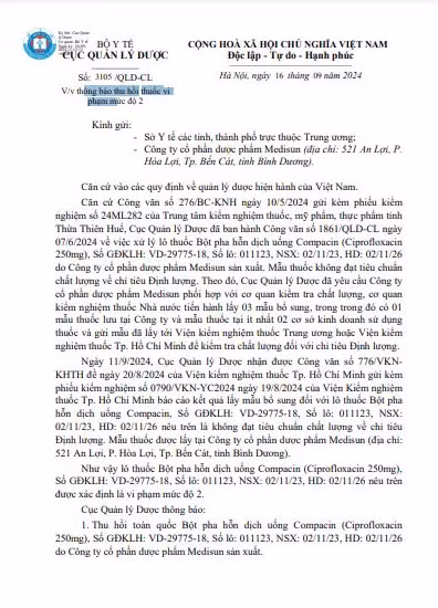 Công văn 3105/QLD-CL thông báo về việc thu hồi thuốc vi phạm mức độ 2. Ảnh chụp màn hình
