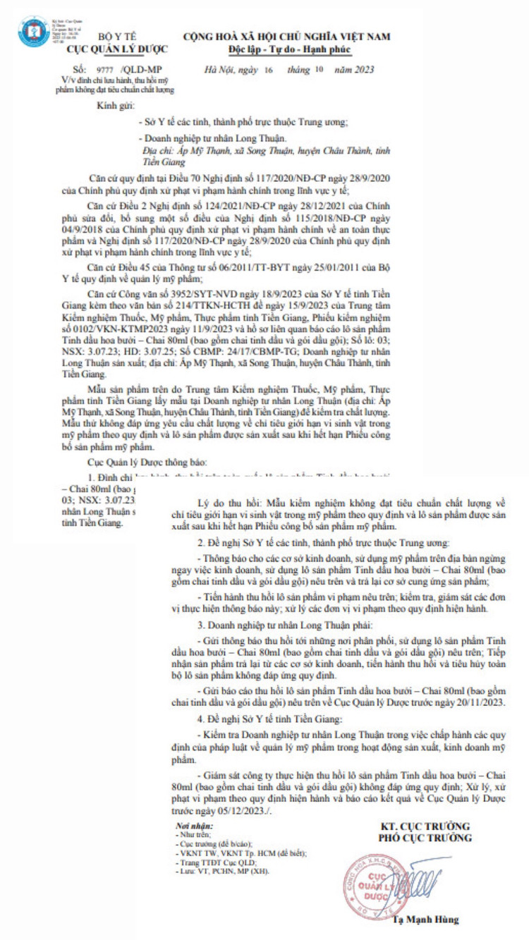 Thu hồi lô sản phẩm Tinh dầu hoa bưởi kém chất lượng của DN Long Thuận