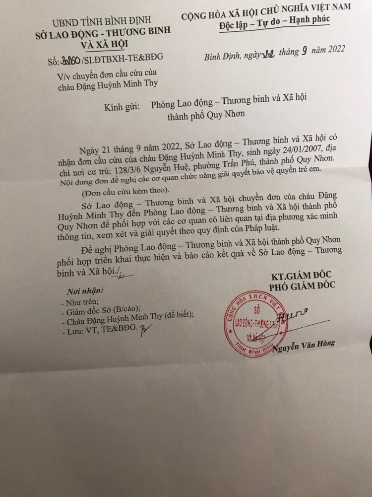 Phiếu chuyển đơn của Sở LĐ – TB - XH tỉnh Bình Định đến Phòng LĐ – TB - XH thành phố Quy Nhơn về việc bé Đặng Huỳnh Minh Thy bị bạo hành.