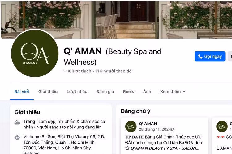Quảng cáo trên fanpage Q’Aman Beauty Spa &amp; Wellness. Ảnh chụp màn hình Fanpage