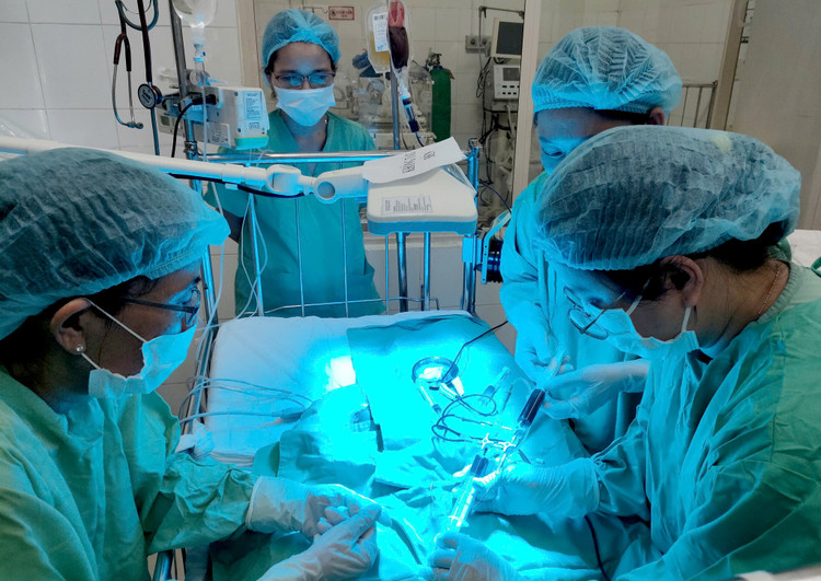 Điều trị cho ca bệnh sơ sinh bị vàng da tan máu nặng hiếm gặp. Ảnh: BVCC