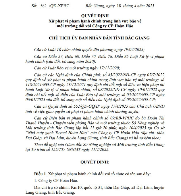 Cong ty CP Hoan Hao bi phat vi vi pham moi truong