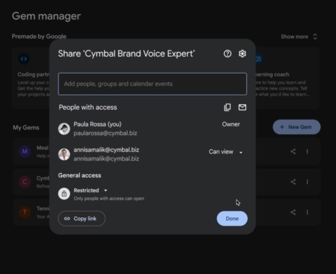 Google Gems có thể chia sẻ và phân phối quyền xem, chỉnh sửa như trên Drive. Ảnh chụp màn hình