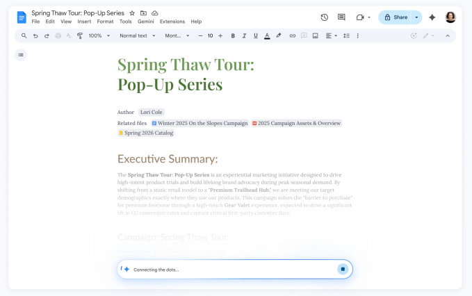 Tạo nhanh một tài liệu trên Docs với câu thần chú: "Help me create" Ảnh: Google