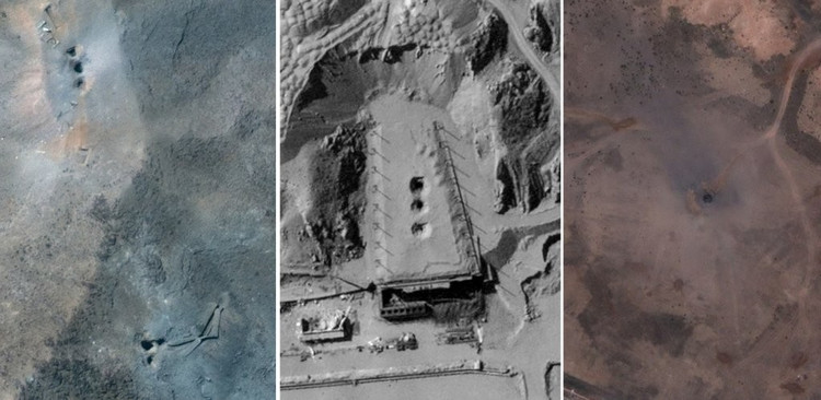 Cận cảnh các điểm tác động tại cơ sở Taleghan 2 (giữa) và Fordow (trái) cùng Natanz (phải) sau chiến dịch Midnight Hammer rất giống nhau. Ảnh vệ tinh ©2025 Maxar Technologies / Ảnh vệ tinh ©2026 Vantor