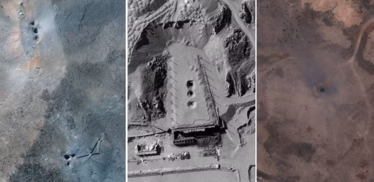 Cận cảnh các điểm tác động tại cơ sở Taleghan 2 (giữa) và Fordow (trái) cùng Natanz (phải) sau chiến dịch Midnight Hammer rất giống nhau. Ảnh vệ tinh ©2025 Maxar Technologies / Ảnh vệ tinh ©2026 Vantor