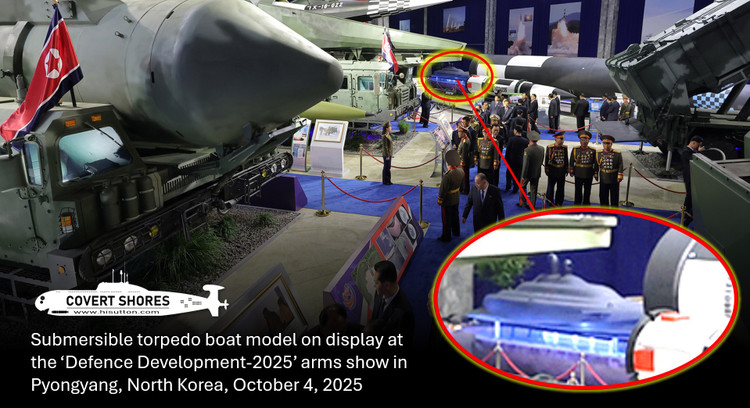 На фотографии, опубликованной KCNA, вдалеке видна подводная лодка. dprk-submersible-torpedo-boat-photo.jpg