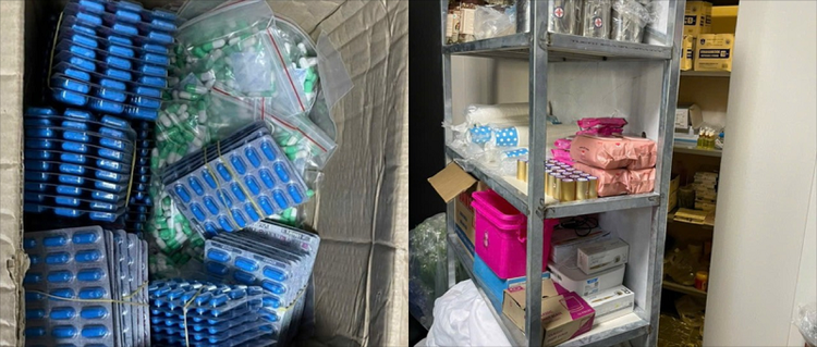 Hình ảnh căn phòng sau kệ đồ và các viên nhộng không rõ nguồn gốc, xuất xứ được ghi nhận tại cơ sở - Ảnh: Sở Y tế TP HCM