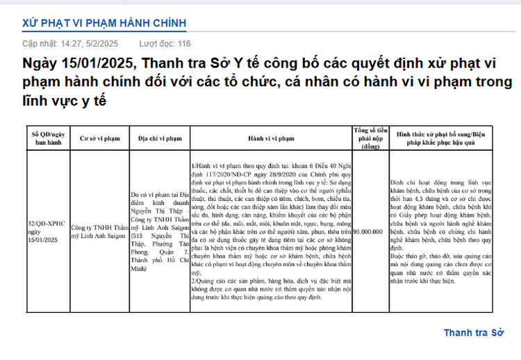 Thông tin xử phạt Công ty TNHH Thẩm mỹ Linh Anh Saigon của Thanh tra Sở Y tế TP HCM - Ảnh chụp màn hình