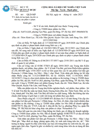 Một phần công văn của Cục Quản lý Dược về việc đình chỉ lưu hành, thu hồi và tiêu hủy sản phẩm Gel tắm gội Permerin 1 (Nhãn hàng: An Nhi) - Ảnh chụp màn hình