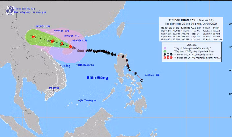 Đường đi bão số 3 (Yagi) cập nhật đến 19h ngày 6/9. Ảnh: NCHMF.