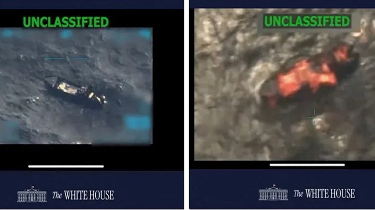 Screenshot from a video posted on the White House's X-network on September 15, 2025, said to show a US raid on a ship suspected of carrying drugs from Venezuela en route to the US. Photo: White House. tau.png