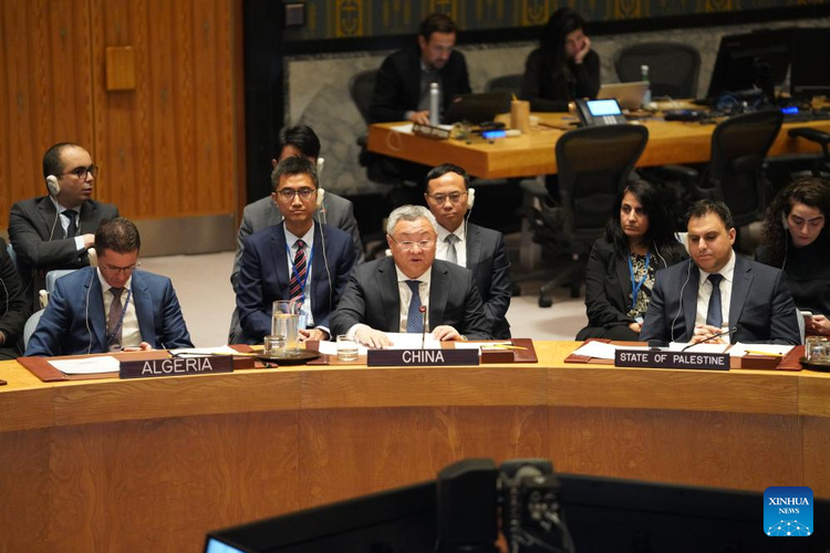 O Sr. Fu Tong (centro), Representante Permanente da China nas Nações Unidas, discursa no debate aberto do Conselho de Segurança das Nações Unidas em Nova York, EUA, em 23 de outubro de 2025. Foto: Xinhua. djcoluy1fq1kl2w0.jpg
