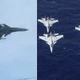 J-15 mang tên lửa hành trình YJ-15 (bên trái) và các tiêm kích J-15 hoạt động từ tàu sân bay Liêu Ninh và Sơn Đông