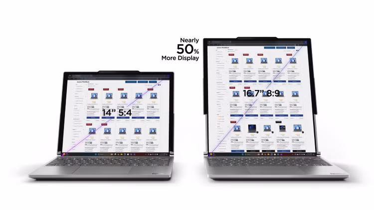 Chiếc laptop này có màn hình OLED, chỉ cần nhấn một nút, màn hình 14 inch sẽ mở rộng lên trên để tạo ra tỷ lệ khung hình khó coi, nhưng tăng gấp đôi không gian màn hình lên 16,7 inch.
