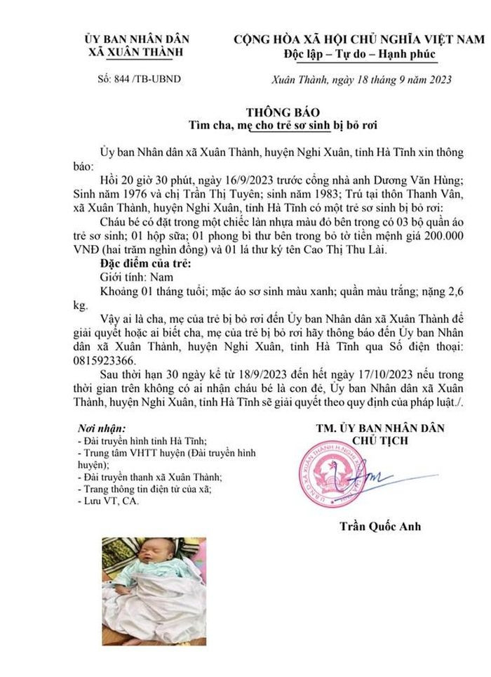 UBND xã Xuân Thành phát thông báo tìm kiếm cha, mẹ cho cháu bé. UBND xã Xuân Thành phát thông báo tìm kiếm cha, mẹ cho cháu bé.