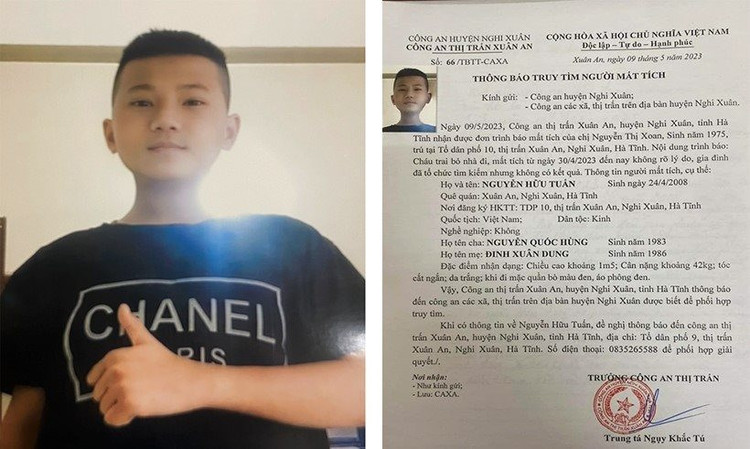 Công an phát thông báo tìm kiếm cháu Nguyễn Hữu Tuấn .