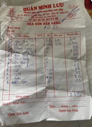 Hoá đơn bữa ăn.