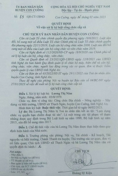 Quyết định buộc thôi việc bà Lương Thị Nhàn.