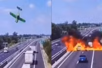 Khoảnh khắc kinh hoàng máy bay lao xuống đường cao tốc ở Italy