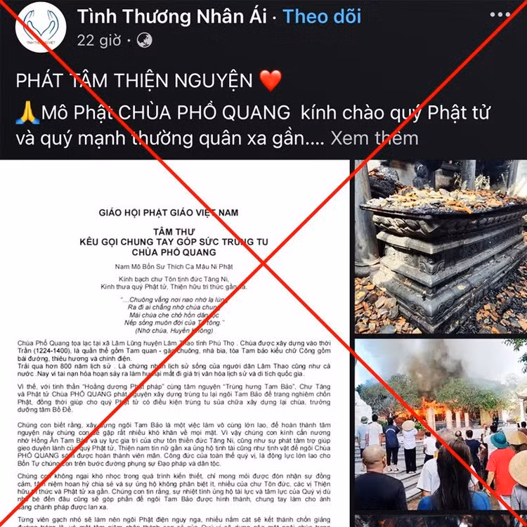 Gia mao keu goi quyen gop ung ho chua Pho Quang bi chay