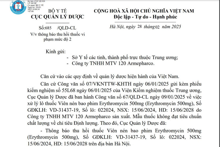 Thu hoi toan quoc thuoc Vien nen bao phim Erythromycin 500mg