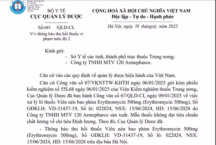 Thu hoi toan quoc thuoc Vien nen bao phim Erythromycin 500mg