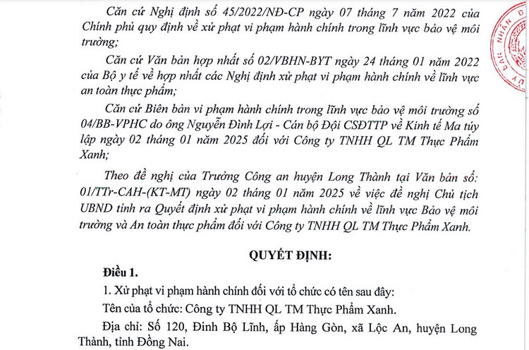 Vi pham an toan thuc pham, Cty Thuc Pham Xanh bi phat 236 trieu