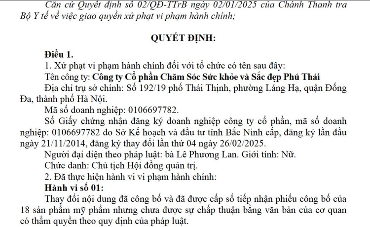 Cong ty Cham soc suc khoe va Sac dep Phu Thai bi xu phat