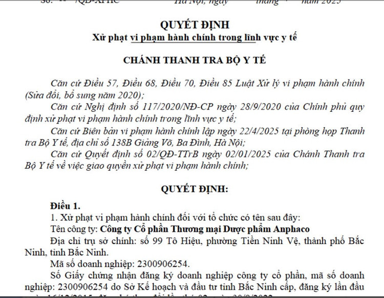 Cong ty Co phan Thuong mai Duoc pham Anphaco bi xu phat 70 trieu
