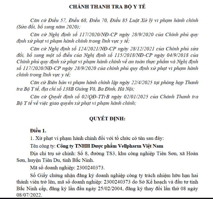 Cong ty TNHH Duoc pham Vellpharm Viet Nam bi xu phat 30 trieu