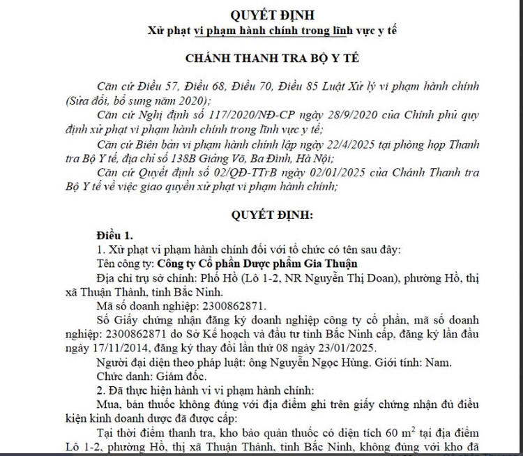 Cong ty Co phan Duoc pham Gia Thuan bi xu phat 100 trieu