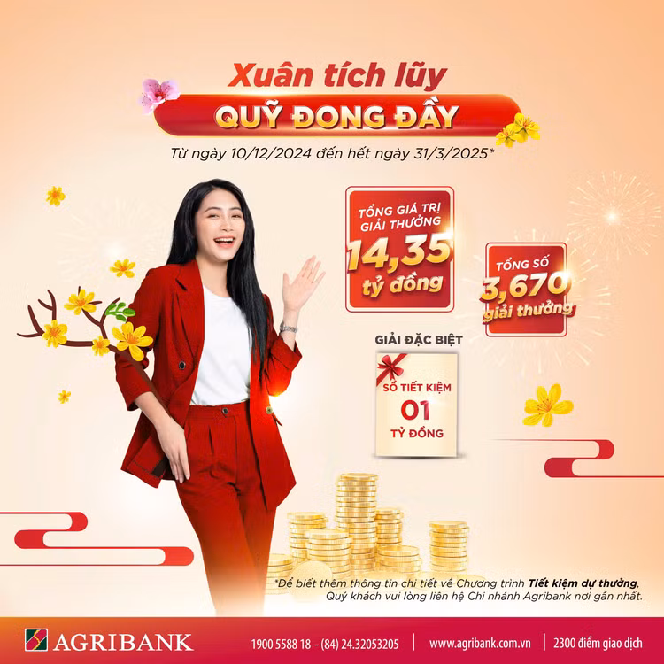 Agribank tang khach hang tham gia chuong trinh Tiet kiem du thuong “Xuan tich luy – Quy dong day”.