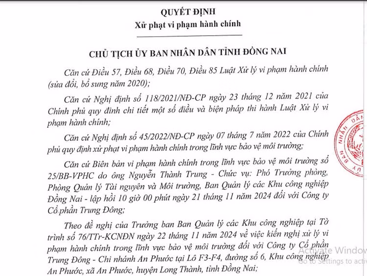 Vi pham moi truong, Cong ty CP Trung Dong bi xu phat 410 trieu