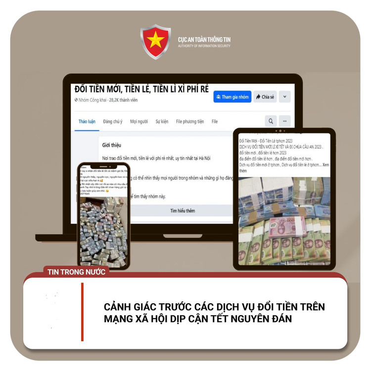 Chiêu lừa đảo thông qua dịch vụ đổi tiền trên mạng xã hội dịp cận Tết Nguyên đán 2025. Ảnh: Cục An toàn thông tin