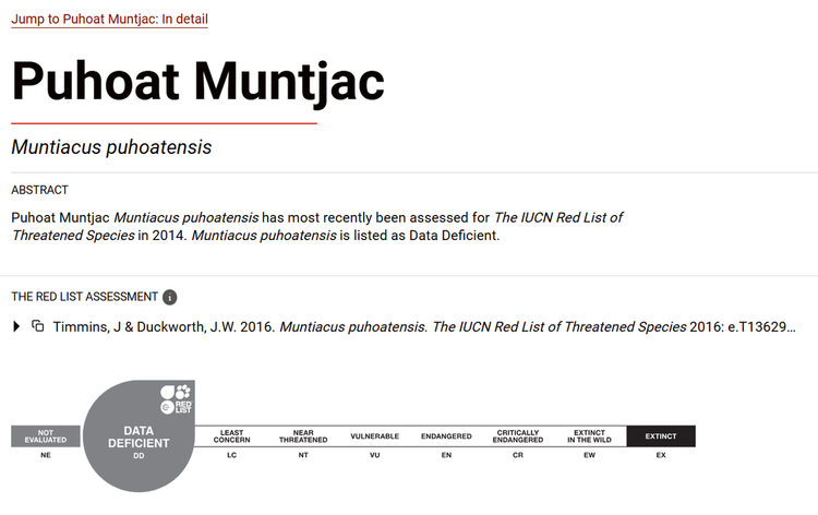 Hiện tại, trong sách đỏ, mang Pù Hoạt được liệt vào danh sách những loài đang bị đe dọa và thiếu các dữ liệu mô tả. (Ảnh: IUCN)