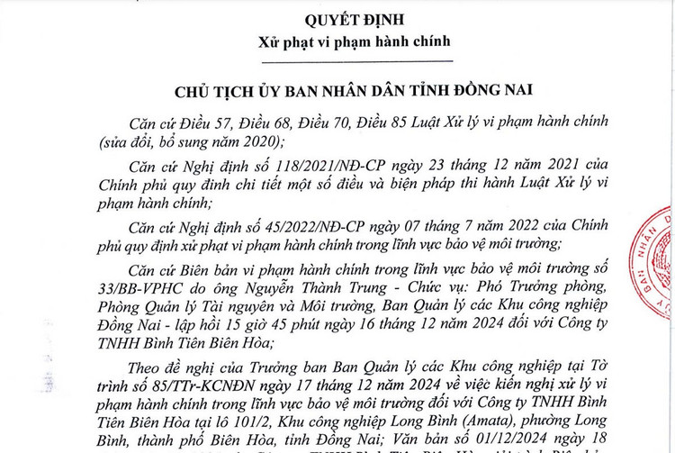 Khong co giay phep moi truong, Cty Binh Tien Bien Hoa bi xu phat-Hinh-2