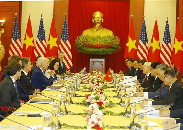 Tổng Bí thư Nguyễn Phú Trọng hội đàm với Tổng thống Hoa Kỳ Joe Biden. (Ảnh: Trí Dũng/TTXVN)