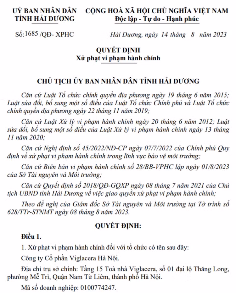 Quyết định xử phạt của UBND tỉnh Hải Dương.
