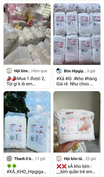 Tã, bỉm giá rẻ rao bán trên mạng xã hội. Ảnh chụp màn hình