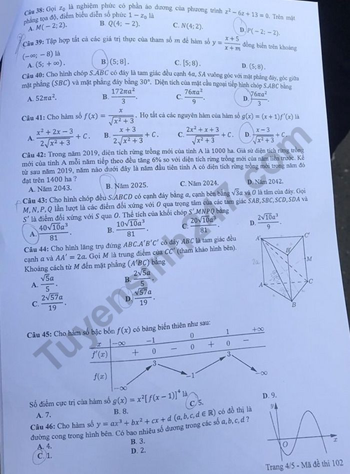 Dap an de thi mon Toan ma de 102 thi Tot nghiep THPT nam 2020