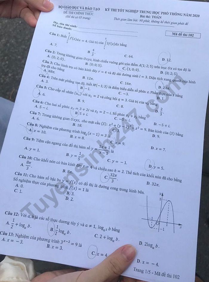 Dap an de thi mon Toan ma de 102 thi Tot nghiep THPT nam 2020