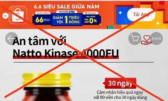 Hình ảnh sản phẩm Natto Kinase 4000fu được bán trên sàn thương mại điện tử Shopee chưa được cấp Giấy tiếp nhận đăng ký bản công bố sản phẩm. Ảnh Cục An toàn thực phẩm.