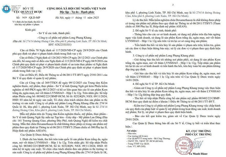 Công văn của Cục Quản lý Dược/ Ảnh chụp màn hình