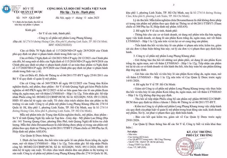 Công văn của Cục Quản lý Dược/ Ảnh chụp màn hình